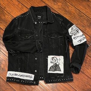 Zara Black Studded Denim Jacket with Graphic Patch Accents